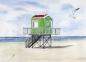Preview: Postkarte DIN-A6 Aquarell Maritim Kunst Druck Kunstdruck Nordsee Insel Langeoog Badeturm grün Strand Meer